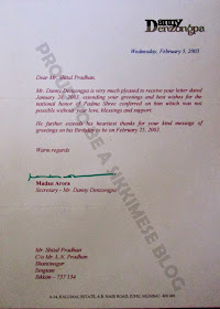 Danny Danzongpa's Secretary Madan Mohan Arora's letter send to me