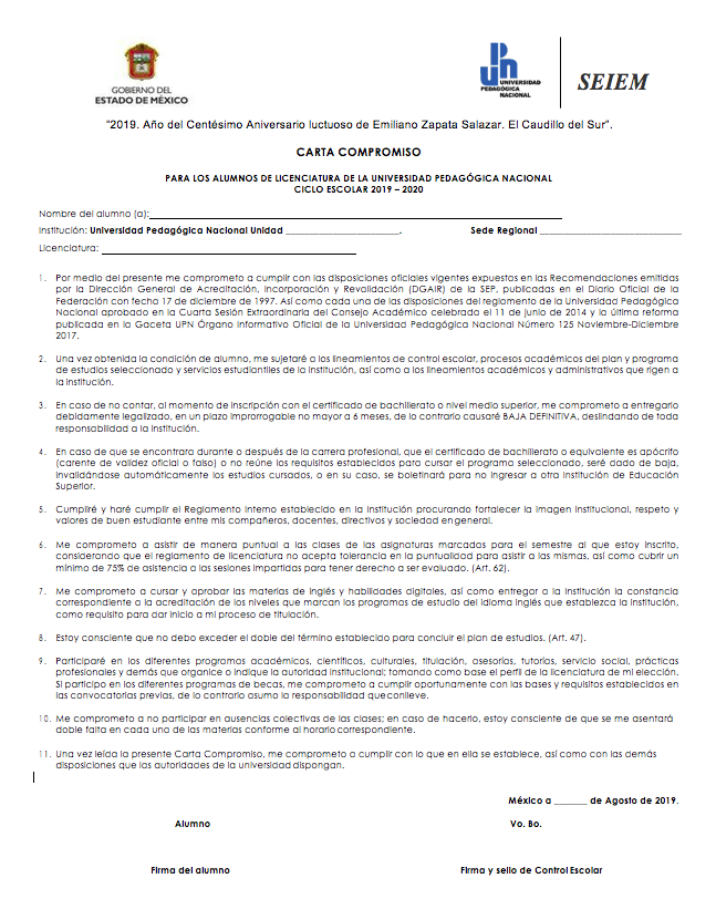 UPN 151 Toluca: Servicios Escolares: Carta compromiso de licenciatura para  el ciclo escolar 2019-2020 para alumnos de nuevo ingreso (formato  descargable)
