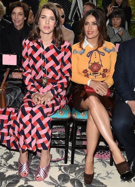 Charlotte Casiraghi and Salma Hayek attend the Gucci show during the Milan Fashion Week Spring/Summer 2016