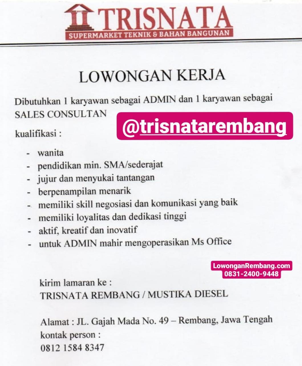 Lowongan Kerja Admin Dan Sales Consultan Toko Bangunan Trisnata