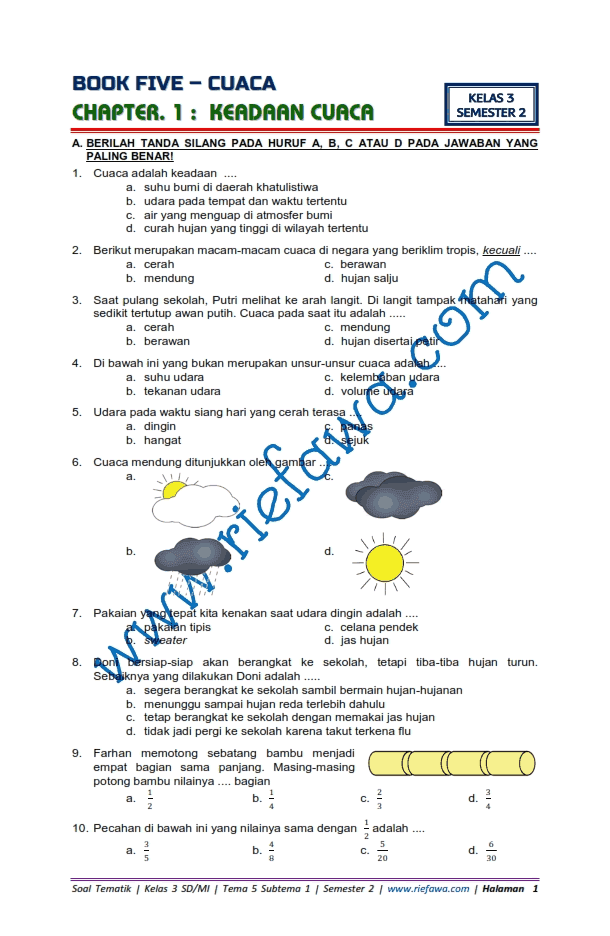 Download Soal Tematik Kelas 3 Tema 5 Subtema 1 - Cuaca, Keadaan Cuaca