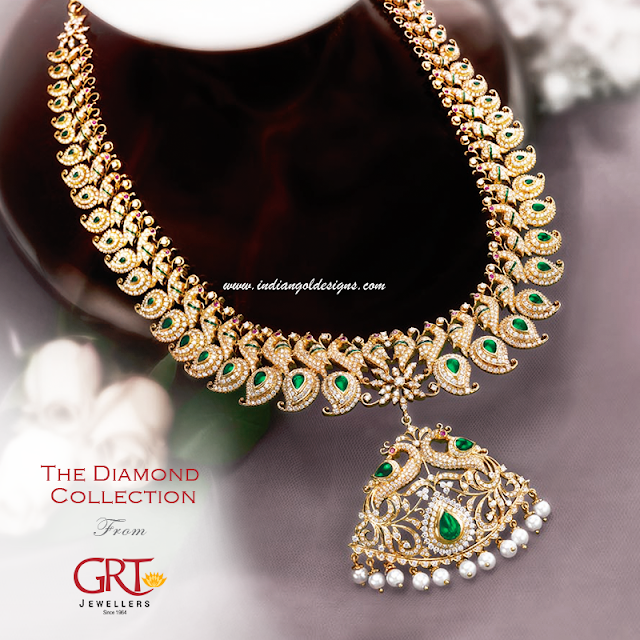 Gold and Diamond jewellery designs GRT diamond peacock necklace