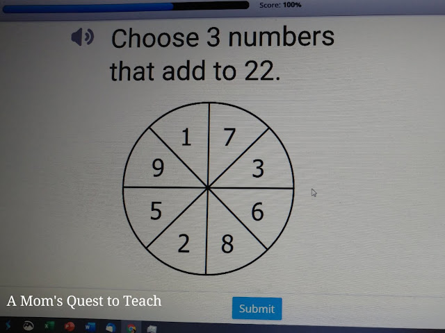 screen from CTCMath "choose 3 numbers that add to 22"