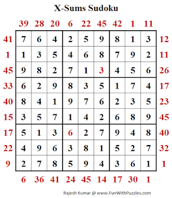 X-Sums Sudoku (Fun With Sudoku #252) Puzzle Answer