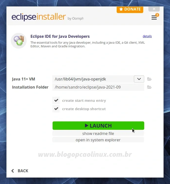 Dê um clique no botão 'Launch' para executar o Eclipse IDE