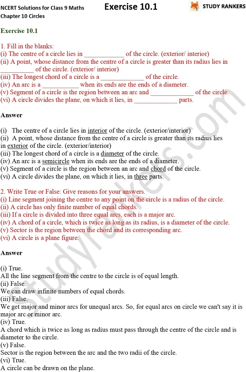 NCERT Solutions for Class 9 Maths Chapter 10 Circles Exercise 10.1