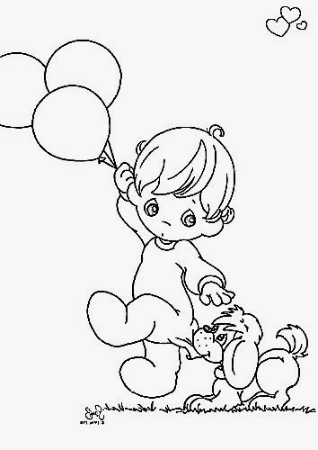 desenho de menino do preciosos momentos com balões e cachorrinho para pintar em tecido