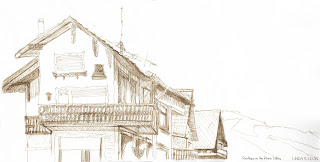 Rooftops in the middle Rhine Valley - Sketchbookdrawing in bister made on location by Linda S. Leon