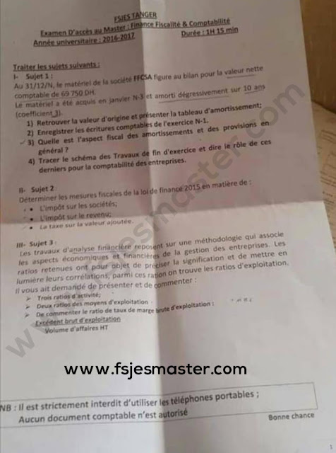 Exemple Concours Master Finance Fiscalité et Comptabilité 2016-2017 - Fsjes Tanger