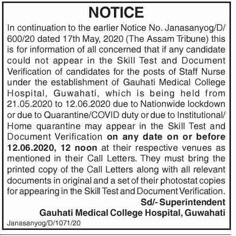 Gauhati Medical College 300 Staff Nurse Document Verification 2020