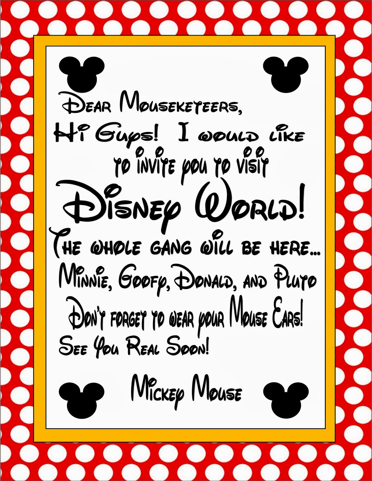 Printable Surprise Going To Disney World Letter