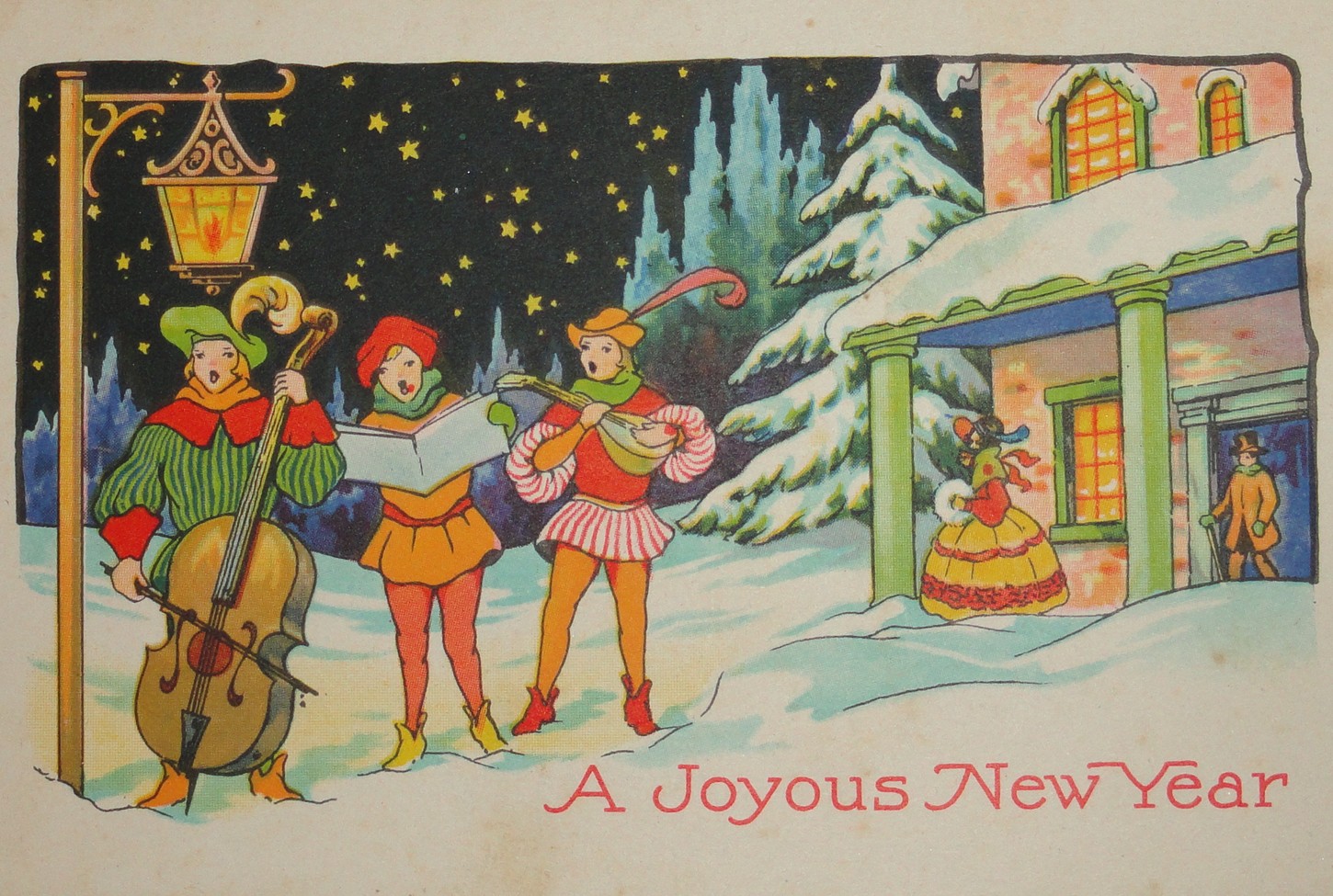 This free vintage image features musicians singing in the New Year near a s...
