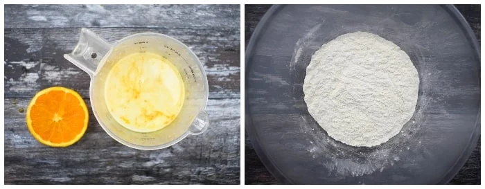 Making Jaffa Orange Cake  - Step  2 - fruit juice and sieved flour