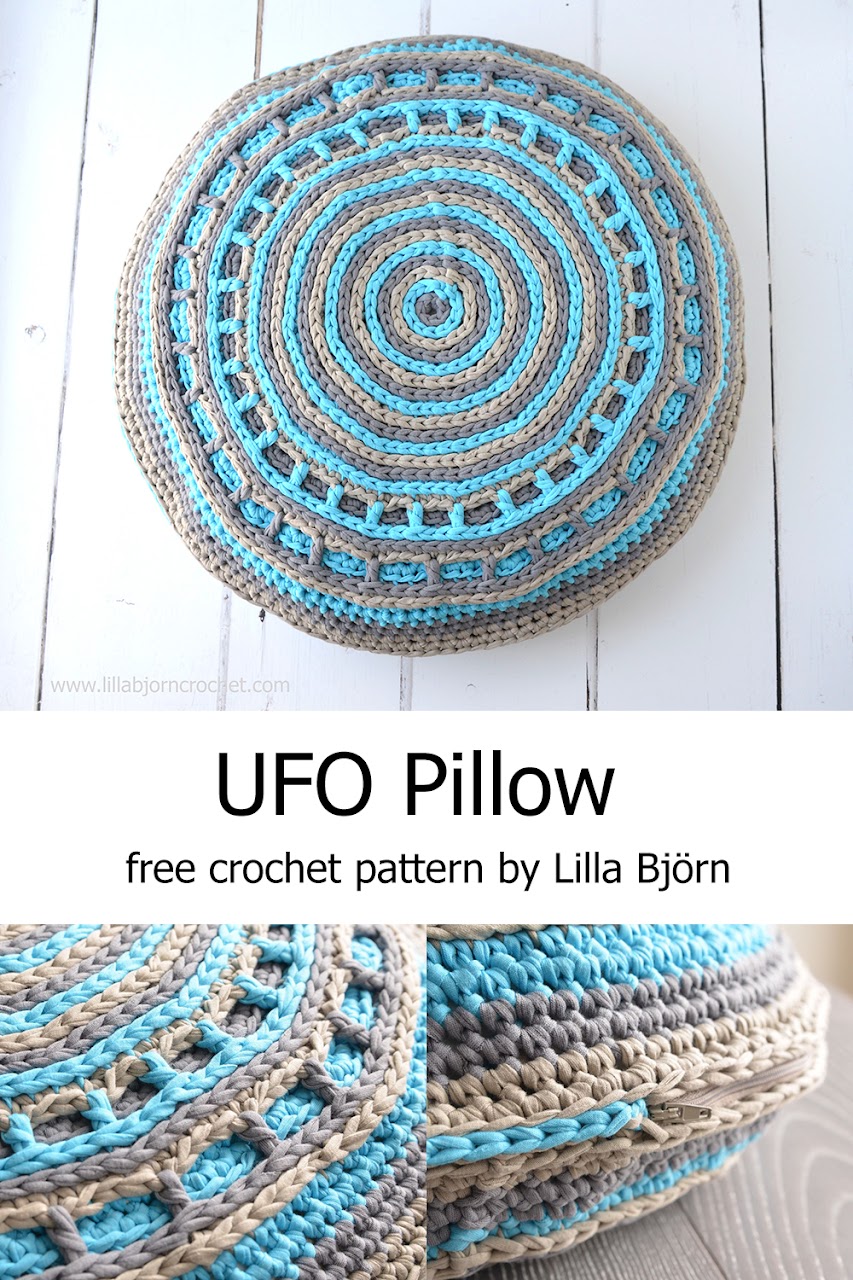 UFO pillow - free crochet pattern by Lilla Björn. With this easy to follow pattern you will get acquainted with basics of overlay crochet and will learn how to make Camel stitch