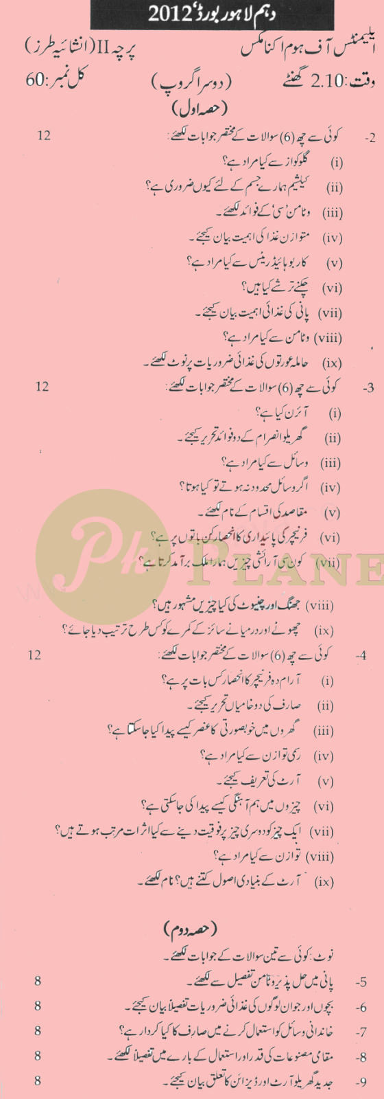 Past Papers of Class 10 Lahore Board Home Economics 2012