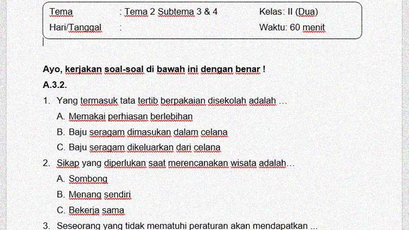 Soal Penilaian Kelas 2 Tema 2 Subtema 3 Dan 4 Kunci Jawaban - Sekolahdasarnet