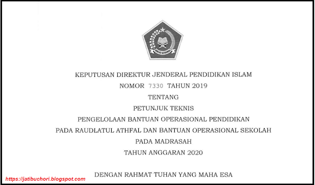 Petunjuk Teknis Bantuan Oprasional Sekolah pada Madrasah Tahun 2020 sudah resmi ditetapkan melalui Keputusuan Dirjen Islam Nomor 7330 Tahun 2019 yang ditandatangani oleh Direktur Jendral Pendidikan Islam, Kamaruddin Amin di Jakarta pada 27 Desember 2019.