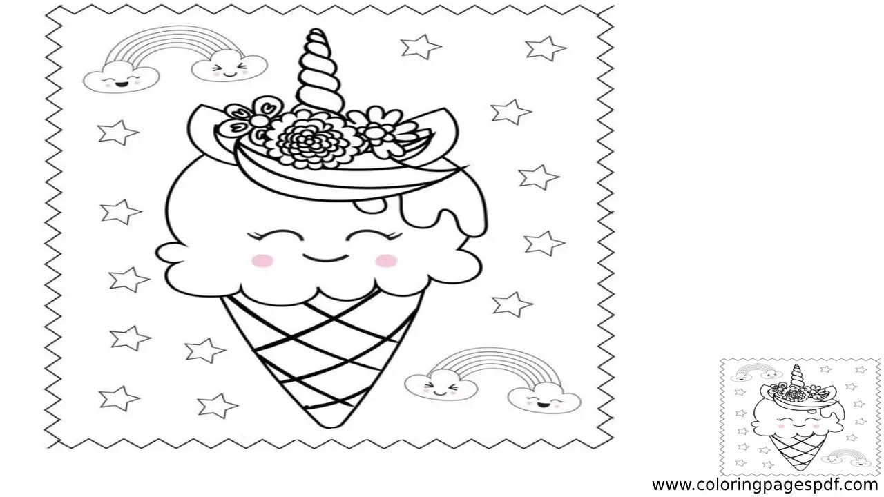 Coloring Page Of Ice Cream With Flowers And Stars