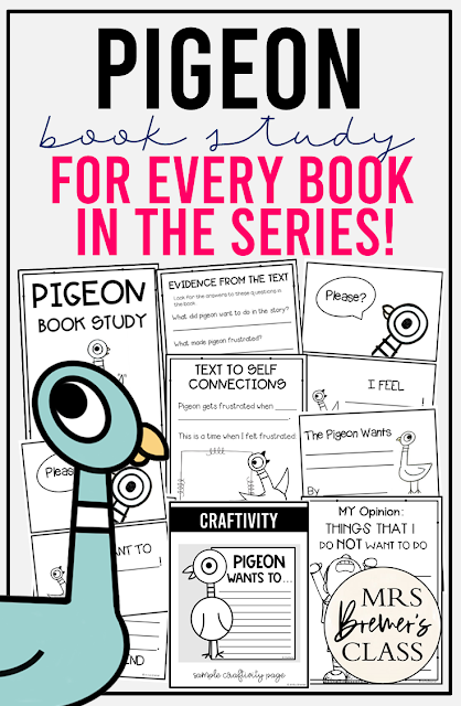 Pigeon book study activities unit with literacy companion activities for ANY Mo Willems Pigeon book in the series and a craftivity for Kindergarten and First Grade