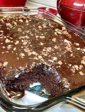 Texas sheet cake topped with chocolate toffee