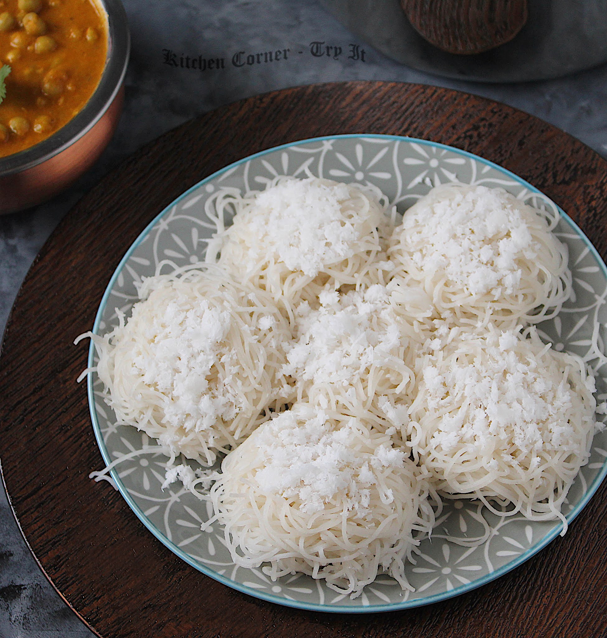 Idiyappam and Pattani Curry/ String hopper with Dried Green Peas Curry