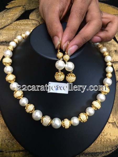 CZ Balls 1 Gram Gold Pearls Set - Jewellery Designs