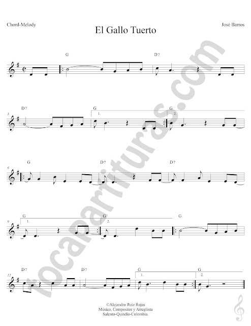 El Gallo Tuerto Cumbia de Edmundo Arias Partitura Fácil con Acordes El Gallo Tuerto Easy Sheet Music with Chords