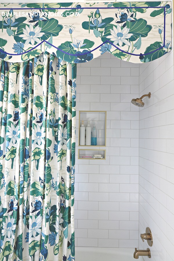 shower curtain with scalloped cornice, delta trinsic shower faucet, madcap cottage lake agawam fabric, shower niche