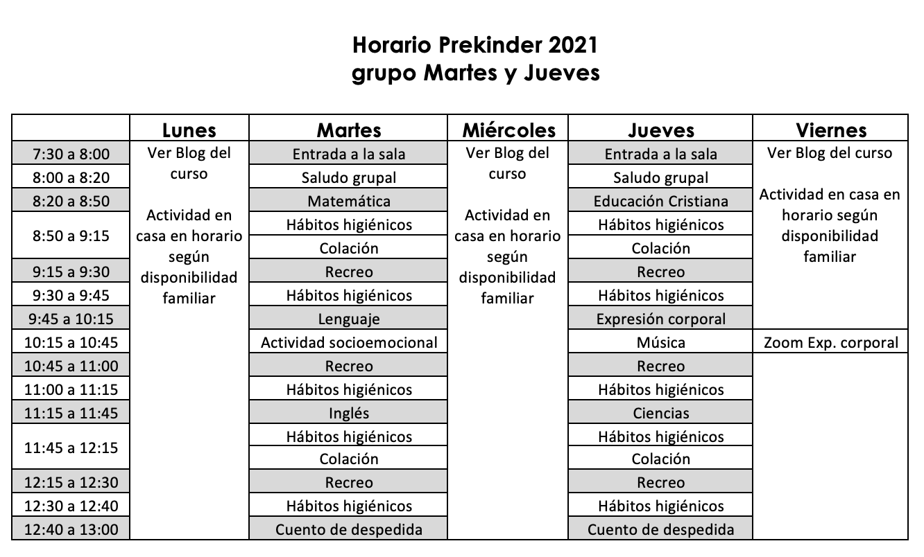 Horario grupo Martes y Jueves