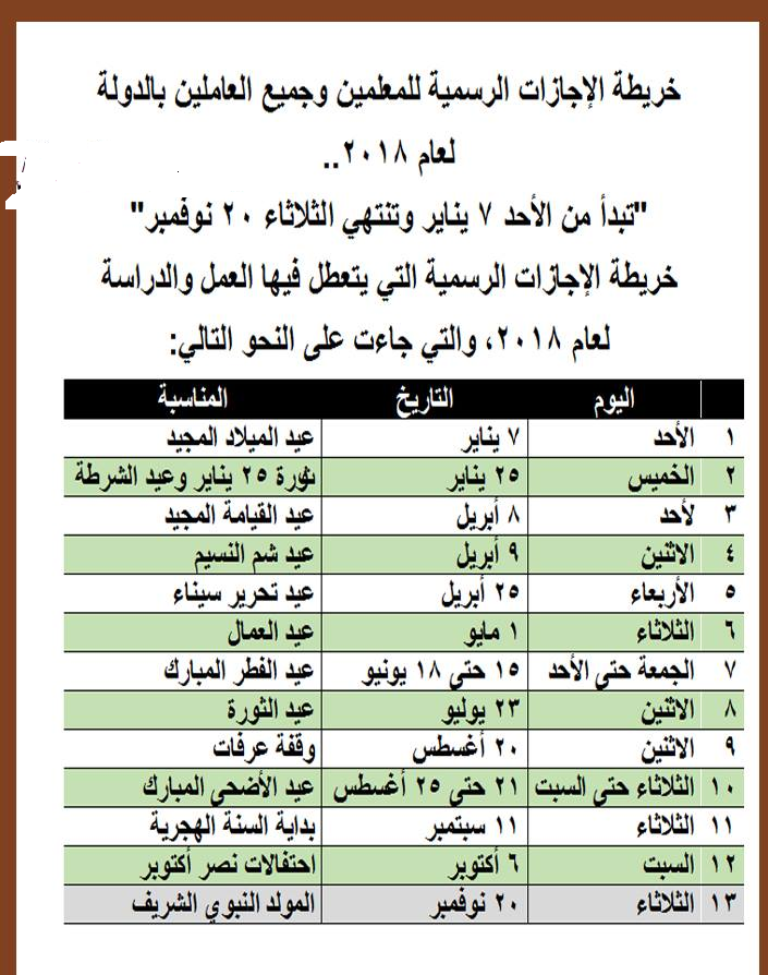 الاجازات والعطلات الرسمية للمعلمين والطلاب وجميع العاملين بالدولة لعام 2018 مدونة وظيفتى