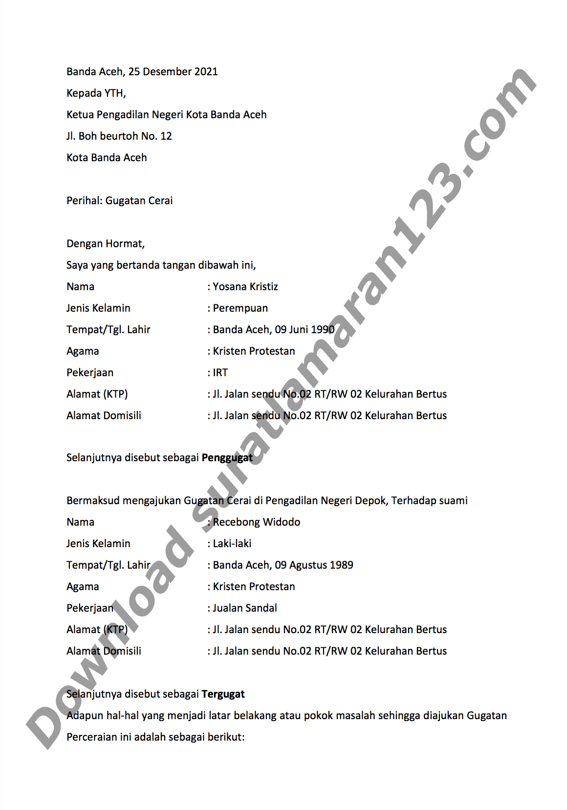 Contoh Surat Gugatan Cerai Agama Kristen Protestan