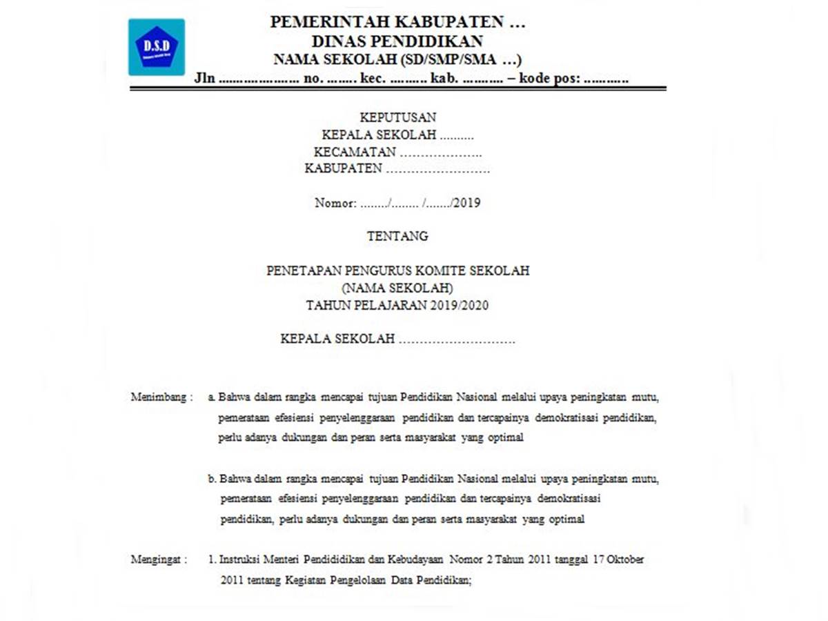 Contoh SK Komite Sekolah 2019/2020 - Dokumen Sekolah Dasar