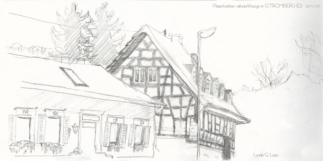 Half- timbered house sketched on location by peperkoeken vakwerkhuisje geschetst op locatie door Linda S. Leon