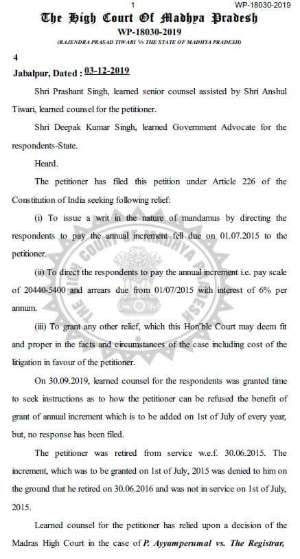 Grant Increment on 01st July who retired on 30th June with interest of 6% per annum – High Court Madhya Pradesh