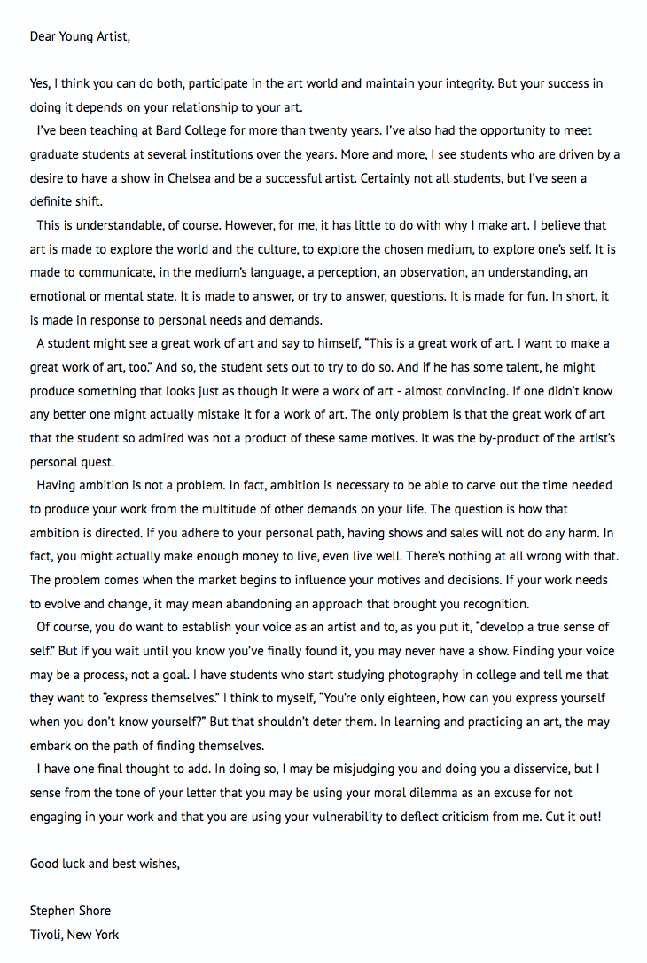 Harvey Benge Stephen Shore letter to a young artist