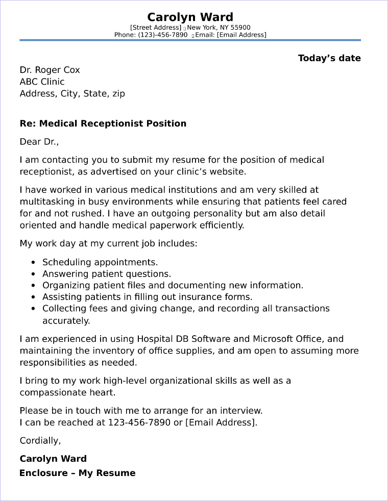 medical receptionist cover letter jobhero
