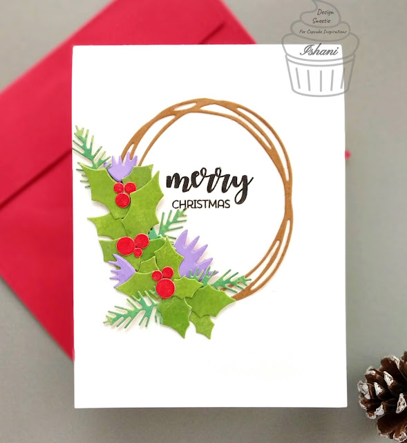 Christmas wreath card, CAS Christmas card, Simon says stamp holly fanfare die, Holly and berries die,  Quillish