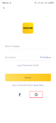 daftar login diaplikasi recome android