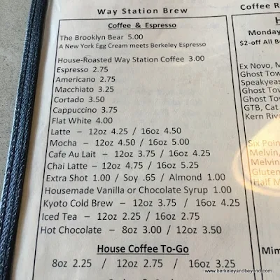 coffee menu at Way Station Brew in Berkeley, California