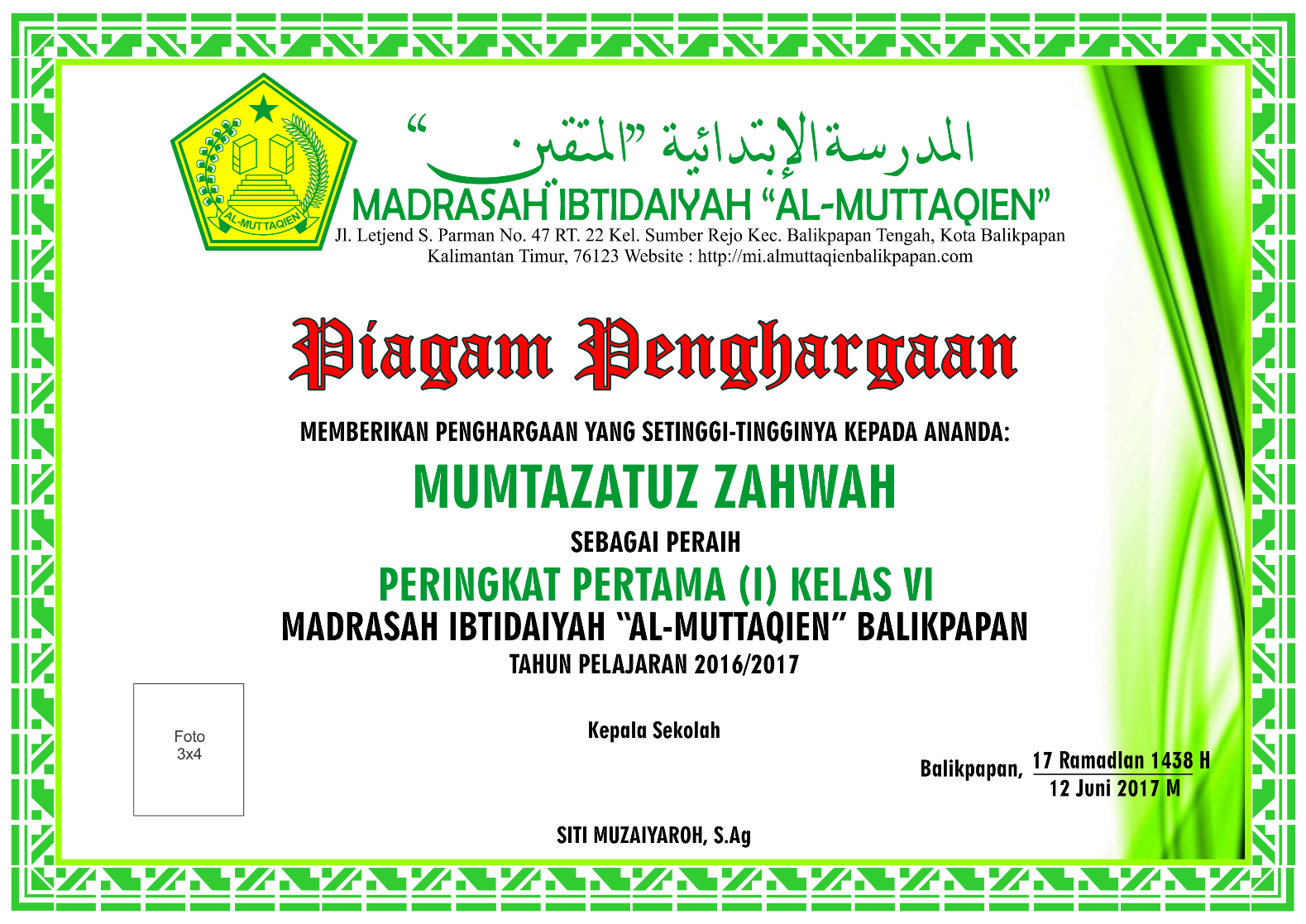 Contoh Piagam Penghargaan Peringkat Kelas dan Perain Nilai