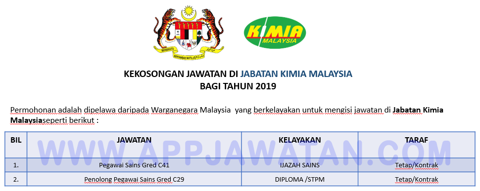 Jawatan Kosong Terkini di Jabatan Kimia Malaysia.  APPJAWATAN MALAYSIA