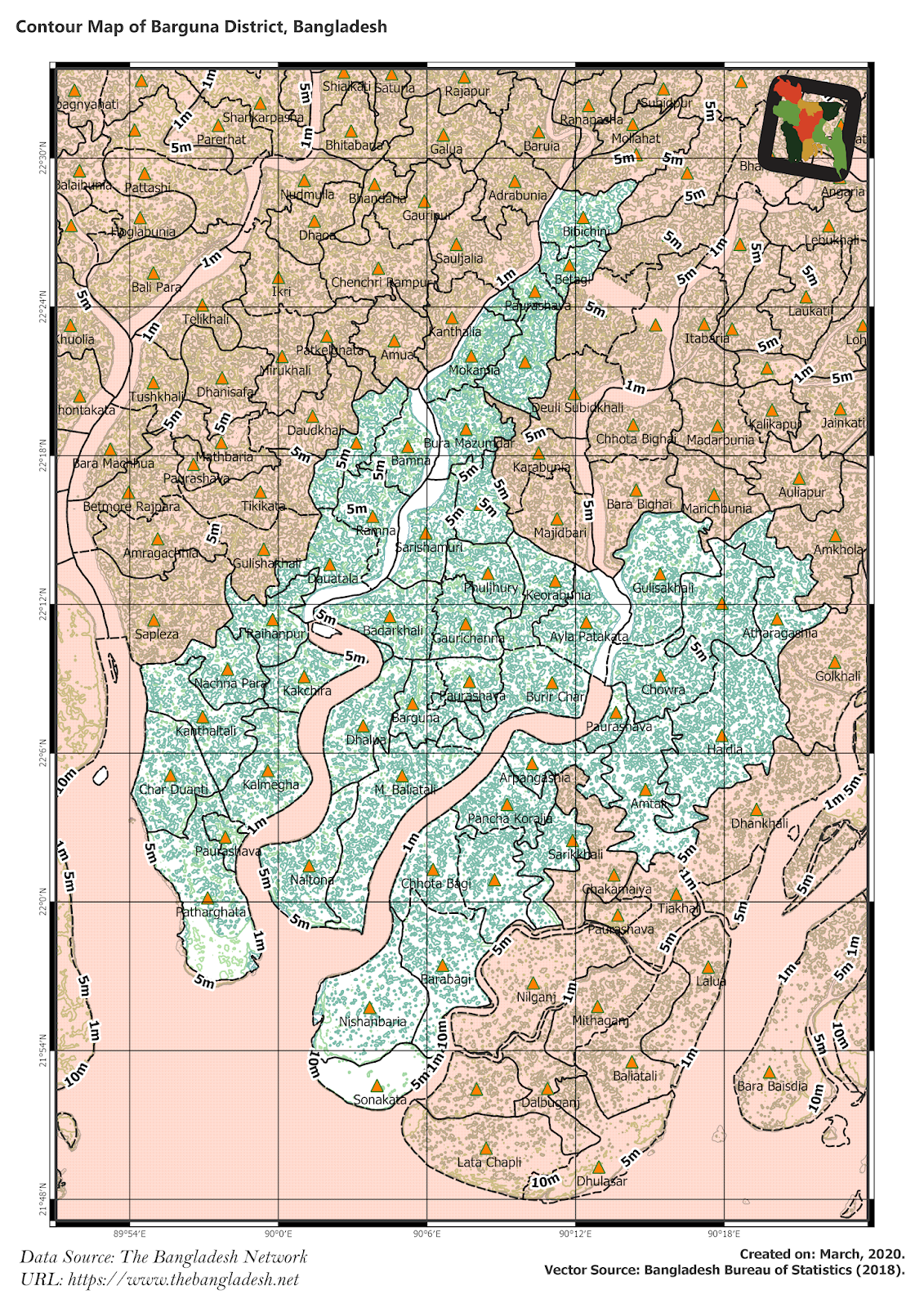 Elevation Map of Barguna District of Bangladesh