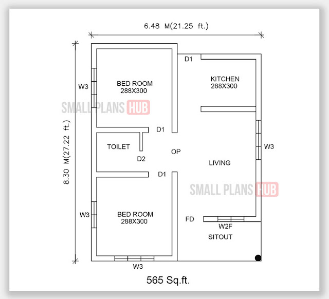 565 Sq.ft. 2 Bedroom Single Floor Plan and Elevation