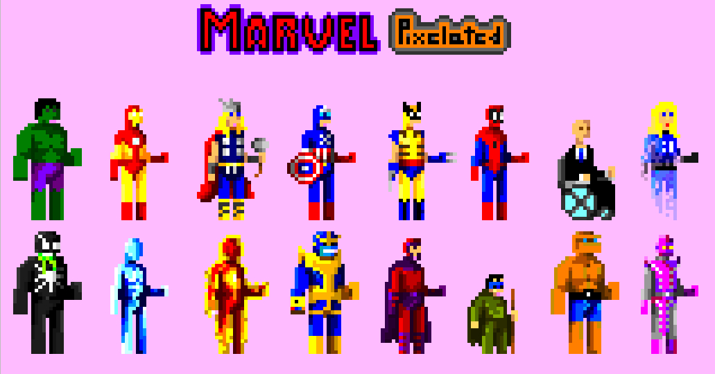 marvel, hulk, spiderman, magneto, venom, ironman, thor, thanos, Wolverine, Xavier, pixel