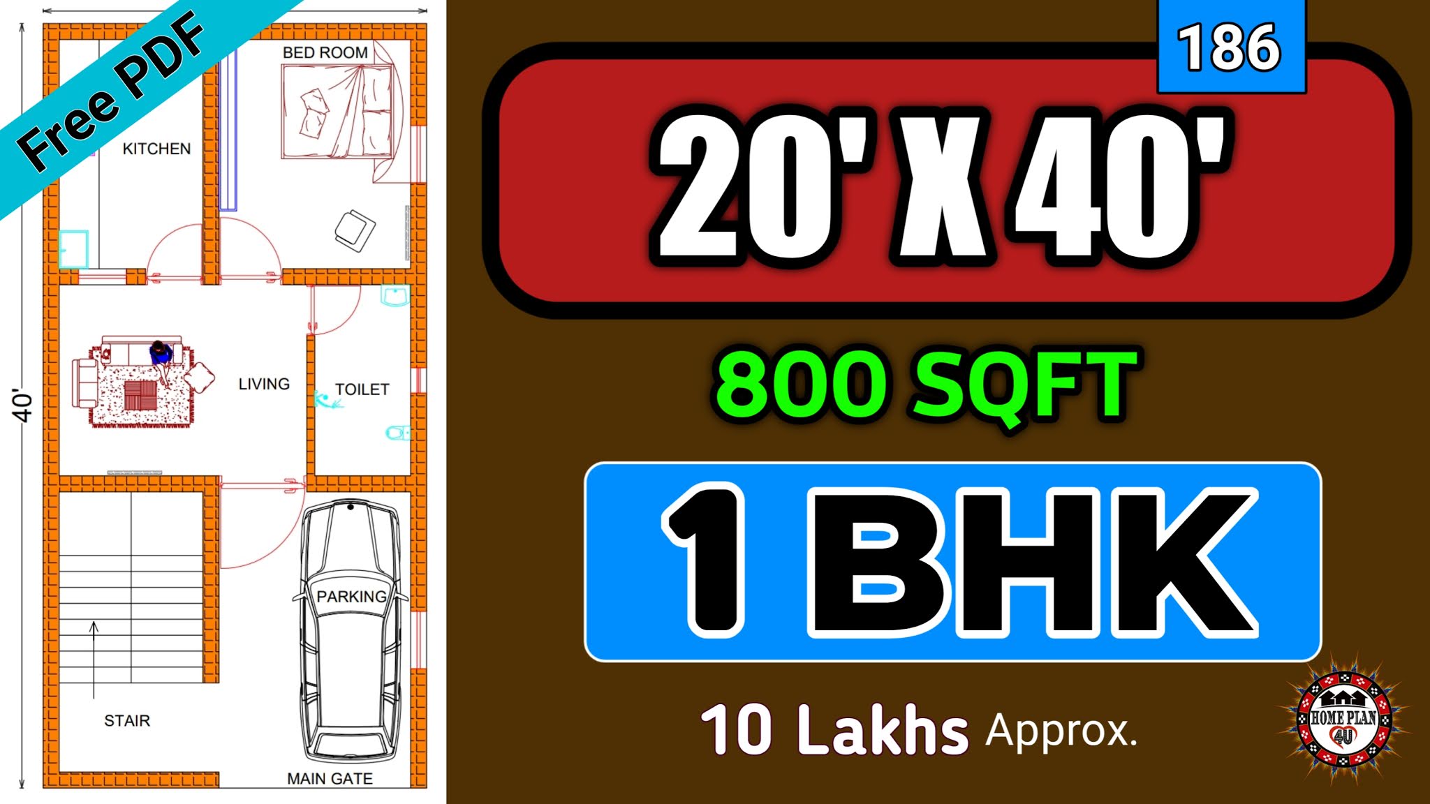 20 X 40 House Plans || 20 X 40 Floor Plans || 800 Sq Ft House || Plan No :-  186