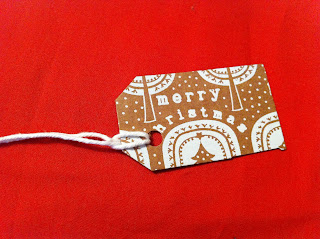 brown and white christmas gift tag made from recycled christmas card
