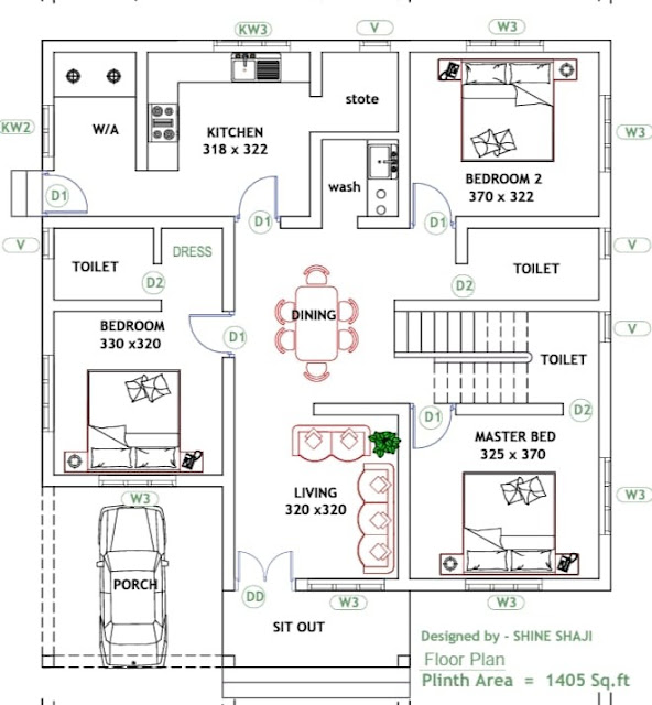 1405 Sqft Beautiful 3 Bedroom House Design with Free Plan - Kerala Home