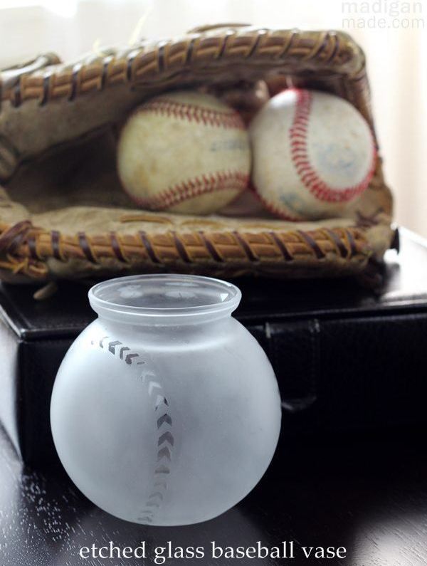 DIY etched glass vase tutorial - how to make a vase that looks like a baseball