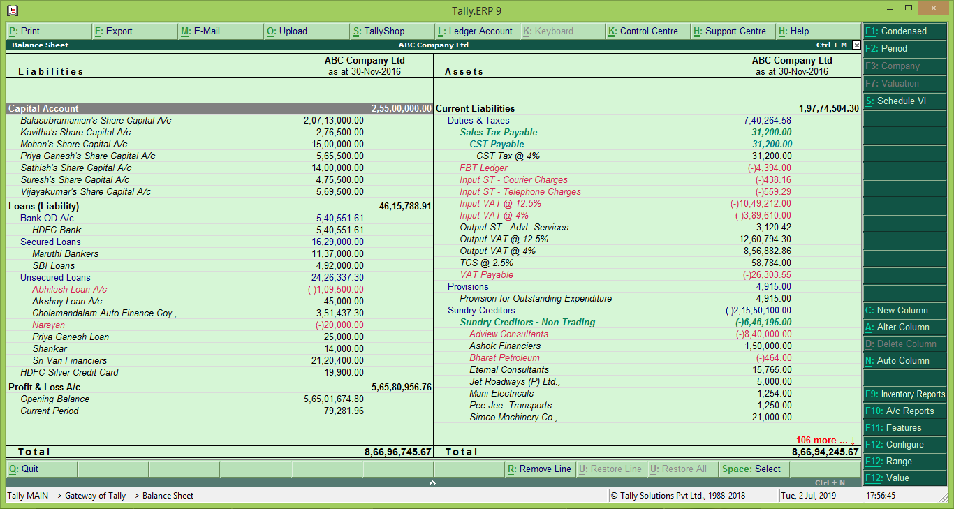 Detailed Balance Sheet, Profit & Loss Reports Tally TDL