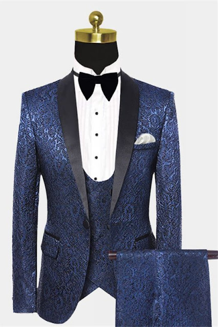 Tailored Navy Blue Damask Tuxedo